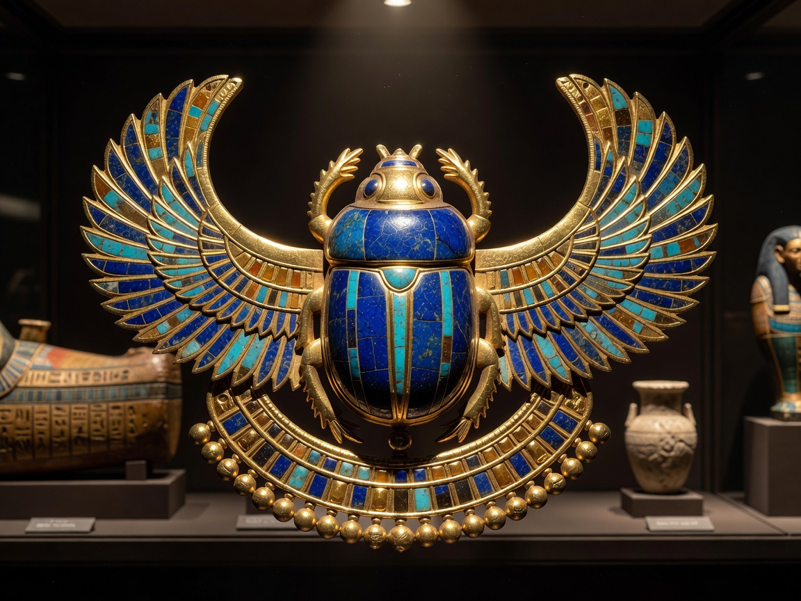 Ancient gold Egyptian pectoral ornament representing a sacred scarab beetle