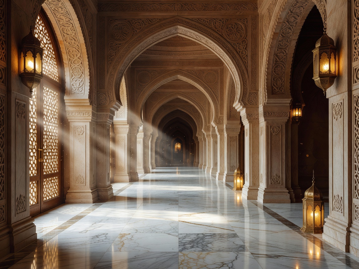 Beautifully lit Islamic geometric arches and marble flooring inside palace hallway
