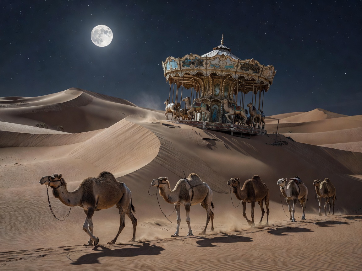 Desert landscape at midnight with camel caravan tracing sand dunes under moonlight