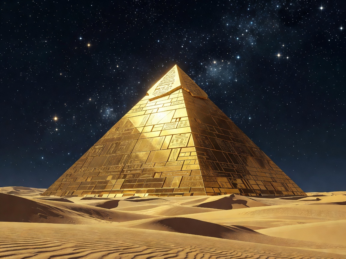 Stunning golden Egyptian pyramid under starry night sky and desert dunes