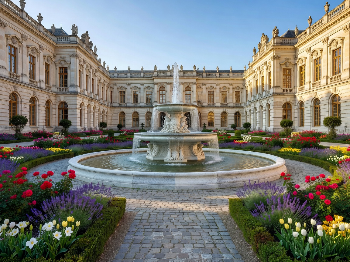 Palatial courtyard garden displaying elegant water fountain and blooming trees