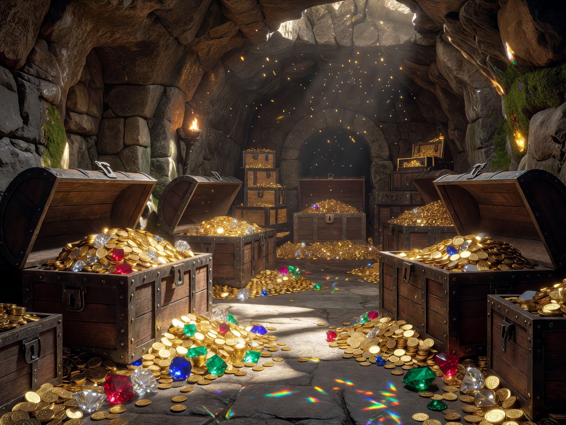 Hidden underground treasury vault stacked with golden chest and precious crystals