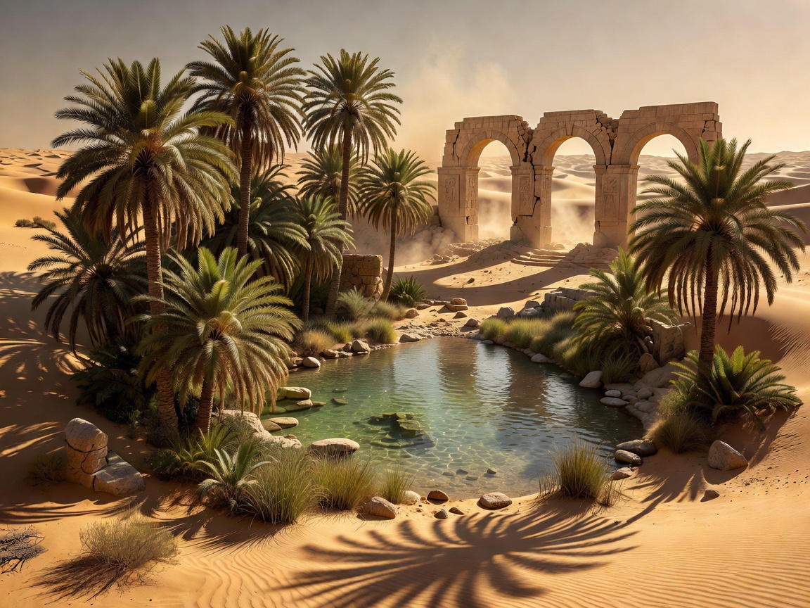 Lush green oasis with palm tree clusters surrounding freshwater spring in desert