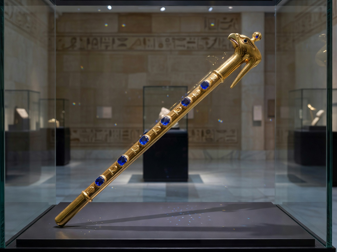 Bespoke golden pharaoh scepter adorned with sapphires and complex carvings