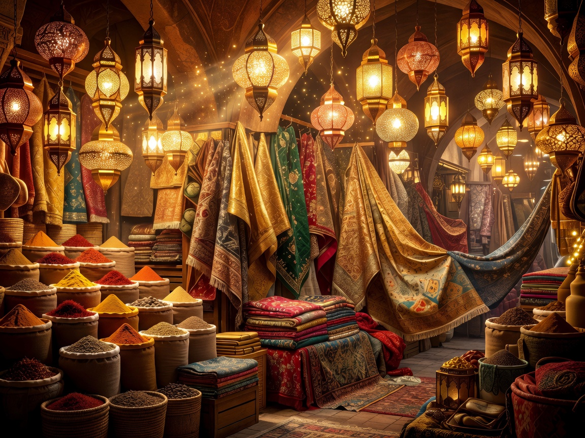 Vibrant golden bazaar market scene with glowing hanging lamps and colorful textiles