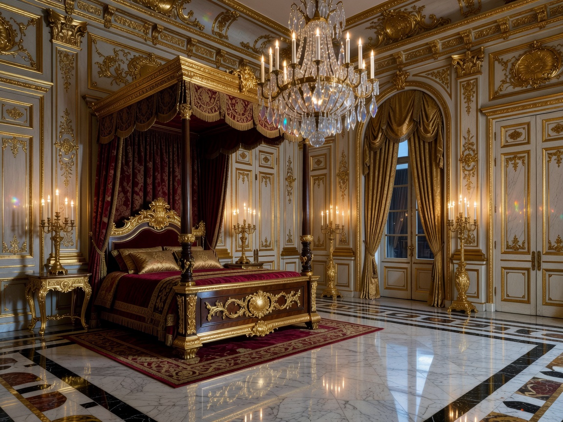 Palatial royal bedroom chamber featuring rich golden details and soft lantern glow illumination